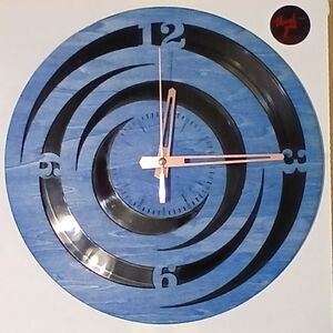Blue and Black Vinyl Record and Wood Wall Clock